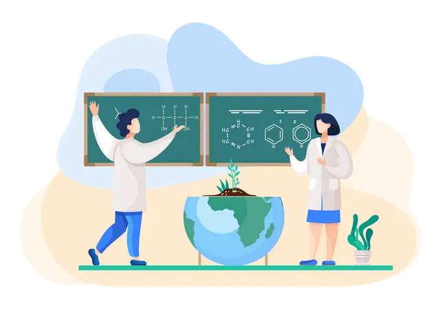 Scientists Discuss Formulas On The Board People In White Coat Environmental Investigators Or Chemical Researchers Analyze Indicators Illustration Of Science Experiment In Lab With Half Globe Illustration