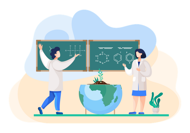 Scientists discuss earth model formulas  Illustration