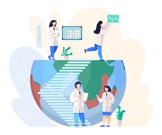 Scientists Discuss Ecology On The Presentation People In White Coat Environmental Investigators Or Chemical Researchers Analyze Indicators Illustration Of Science Report With Half Globe Illustration
