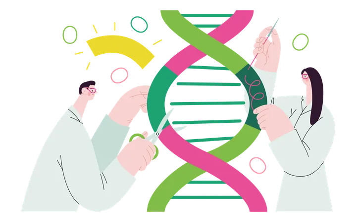 Bio Technology DNA Laboratory Modern Vector Concept Illustration Of Scientists Dissecting DNA Double Helix Manipulating And Rearranging Fragments Metaphor Of Advancements In Agriculture Medicine Illustration