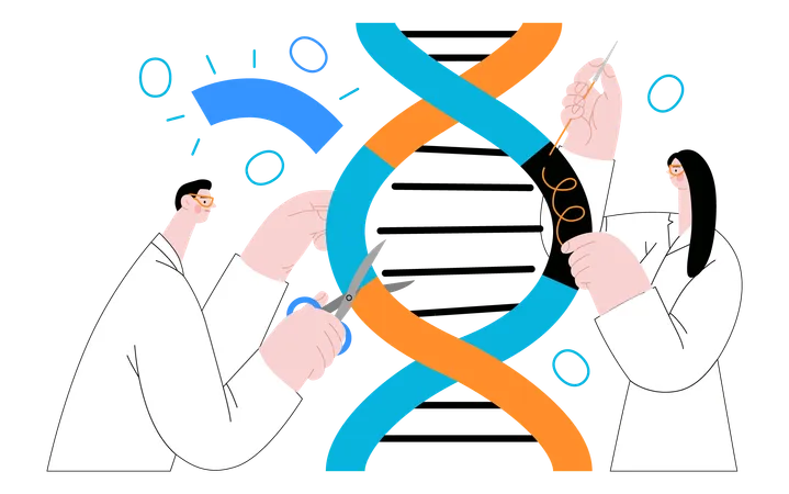Bio Technology DNA Laboratory Modern Vector Concept Illustration Of Scientists Dissecting DNA Double Helix Manipulating And Rearranging Fragments Metaphor Of Advancements In Agriculture Medicine Illustration