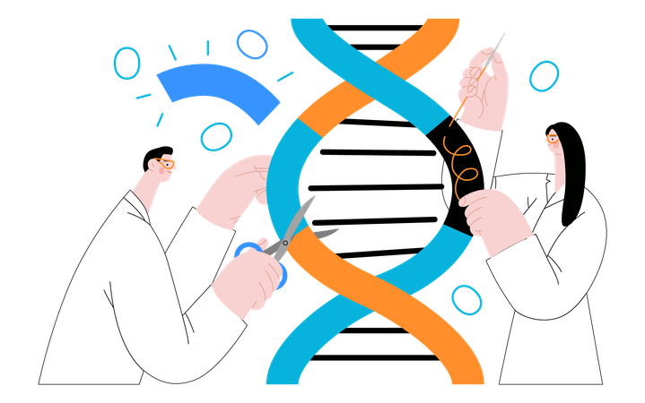 Scientists dissecting DNA double helix  Illustration