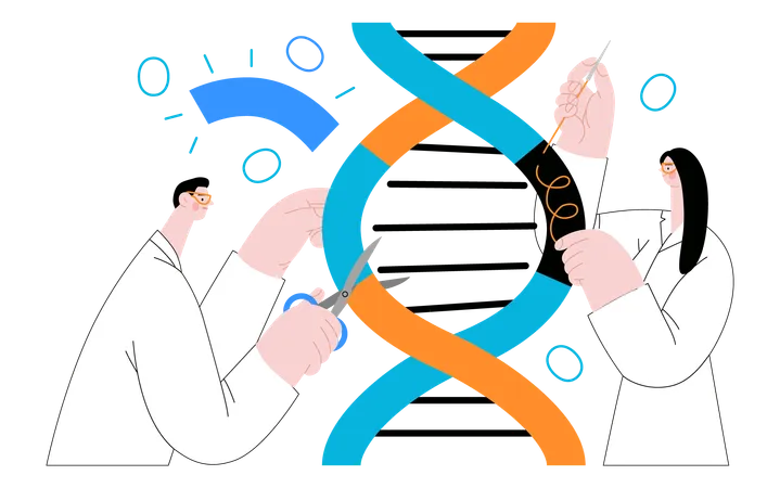 Scientists dissecting DNA double helix  Illustration