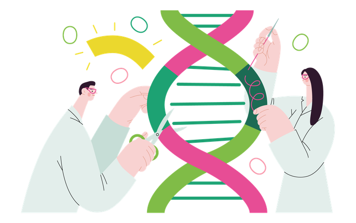 Scientists dissecting DNA double helix  Illustration