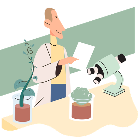 Scientists examining green plant  Illustration