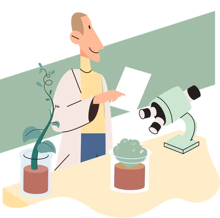 Scientists examining green plant  Illustration