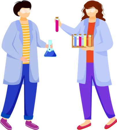Scientists In Lab Coats Flat Vector Illustration Studying Medicine Chemistry Conducting Experiment Chemists With Test Tubes Laboratory Flask Isolated Cartoon Characters On White Background Illustration