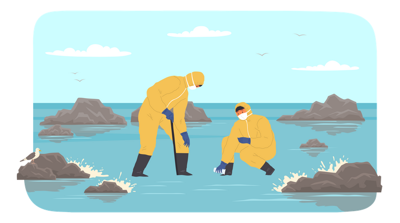 Scientists in protective suits collect samples of water Illustration