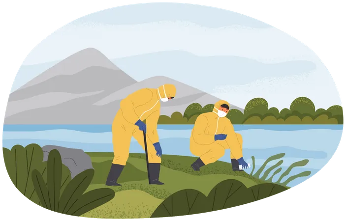 Scientists in protective suits collect samples of water Illustration