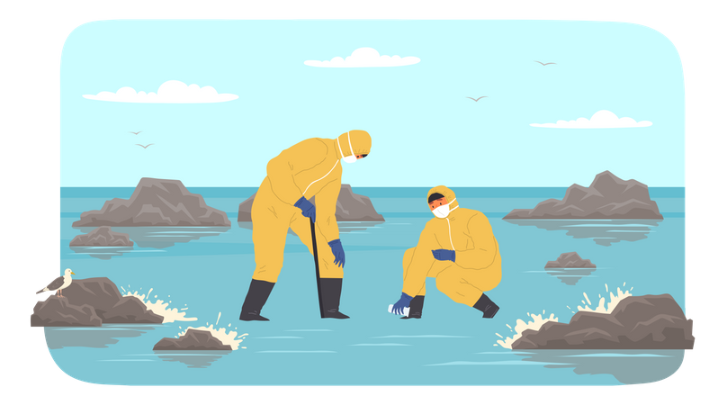 Scientists in protective suits collect samples of water  Illustration