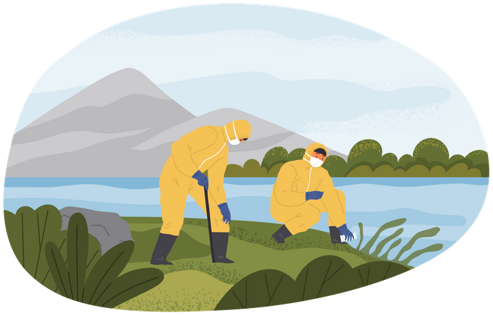 Scientists in protective suits collect samples of water  Illustration