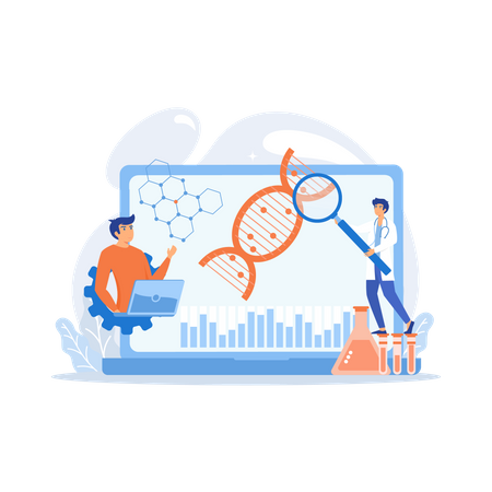 Scientists looking at DNA and charts with magnifier on laptop  Illustration