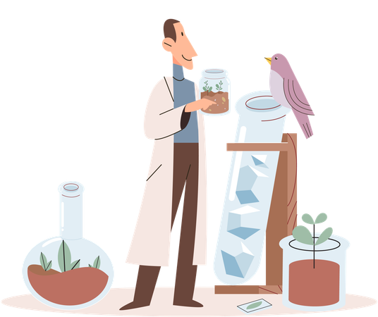 Scientists makes laboratory analysis of plants and water  Illustration