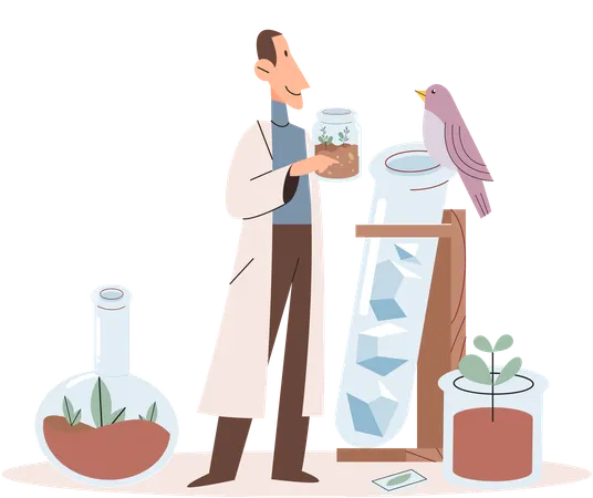 Scientists makes laboratory analysis of plants and water  Illustration