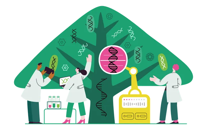Bio Technology Tree Of Life Modern Flat Vector Concept Illustration Of Scientists Observing The Tree Whose Leaves Represent Various Types Of DNA Metaphor Of Genetic Research And Diversity Of Life Illustration