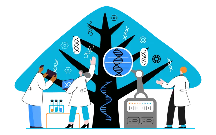 Bio Technology Tree Of Life Modern Flat Vector Concept Illustration Of Scientists Observing The Tree Whose Leaves Represent Various Types Of DNA Metaphor Of Genetic Research And Diversity Of Life Illustration