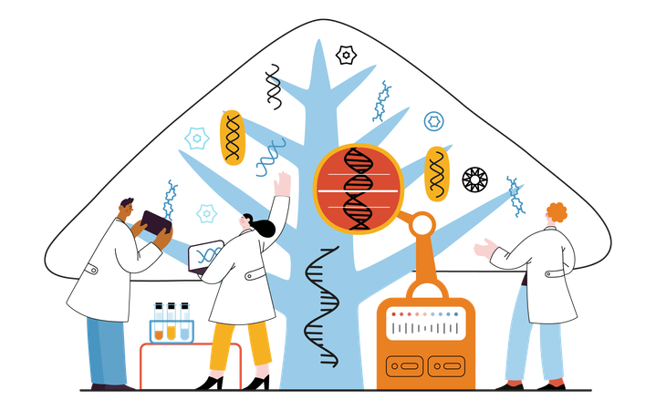 Scientists observing the tree whose leaves represent various types of DNA  Illustration