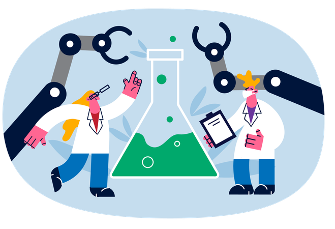 Scientists performing experiment using industrial arm  Illustration