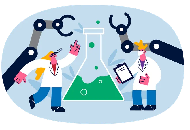 Scientists performing experiment using industrial arm  Illustration