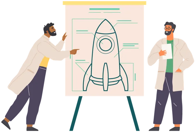 Scientists Work With Drawing Draft Of Contemporary Rocket Investing Money In Space Project Business Startup With Spaceship Planning Concept People Create Scheme Of Rocket For New Project Illustration