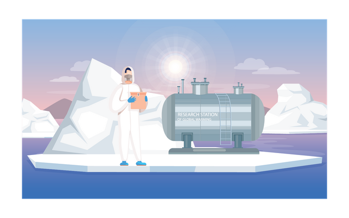 Scientists working in research stations of global warming Illustration