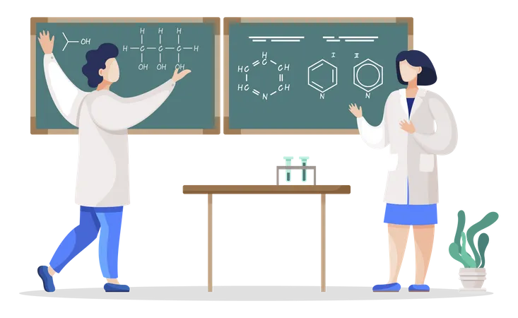Chemistry Student And Student On Lessons In Classroom Scientists Writing Results Of Experiment On Blackboard Team Making Notes Or Research Man And Woman Working In Laboratory Vector In Flat Illustration