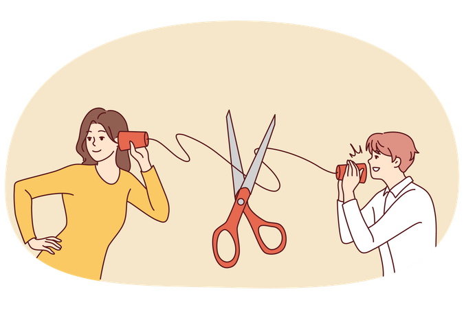Scissors cut thread connecting couple talking  Illustration