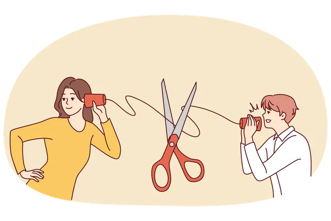 Scissors cut thread connecting couple talking  Illustration