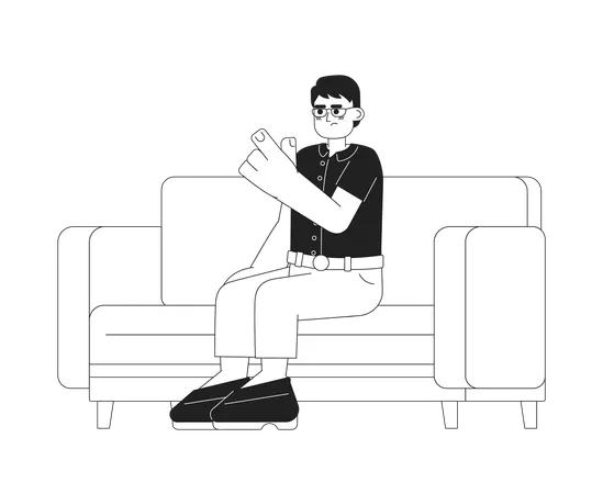 Scolding Teacher Finger Pointing Monochromatic Flat Vector Character Frowning Asian Man Sitting On Sofa Editable Thin Line Person On White Simple Bw Cartoon Spot Image For Web Graphic Design イラスト