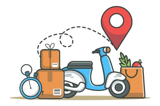 Delivery Service Concept In Flat Line Design Courier Shipping Color Outline Scene Objects Composition With Motorcycle Bag With Food Boxes Clock And Pin Location Vector Illustration With Web Icon Illustration