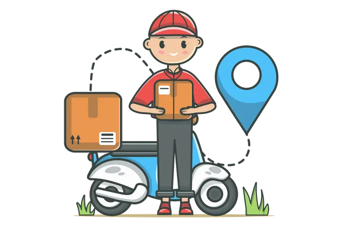 Delivery Service Concept In Flat Line Design Fast Shipping Color Outline Scene Man Courier Holding Parcel While Standing By Motorcycle With Boxes And Pin Location Vector Illustration With Web Icon Illustration