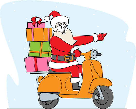 Le père Noël en scooter avec des cadeaux  Illustration