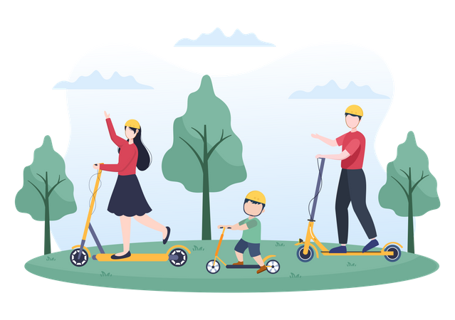 Famille faisant du scooter dans le parc  Illustration