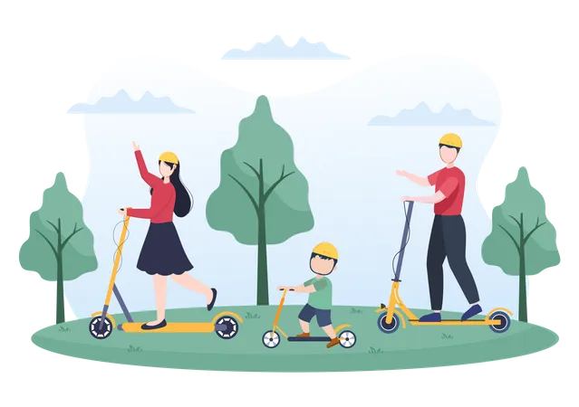 Famille faisant du scooter dans le parc  Illustration