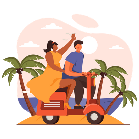 Casal andando de scooter  Ilustração