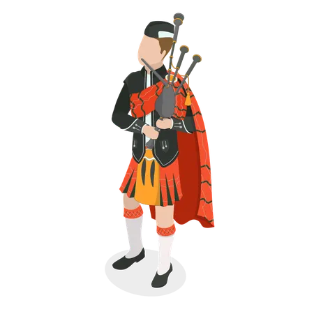 3 D Isometric Flat Vector Icon Of Scottish Bagpiper Character In National Clothes Illustration