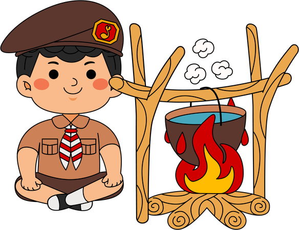 Scout boy boiling water  Illustration