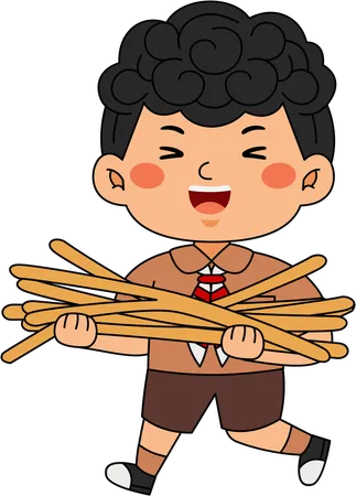 Scout boy carrying sticks  Illustration