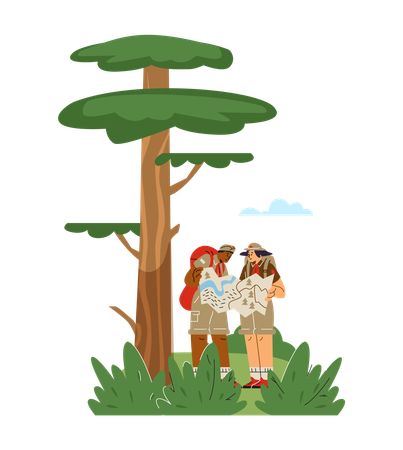 Scout boys exploring map in forest while carrying backpack camping gear  Illustration