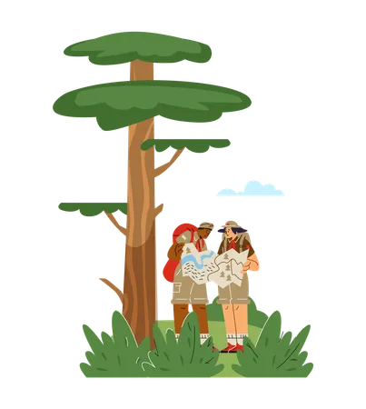Scout boys exploring map in forest while carrying backpack camping gear  Illustration