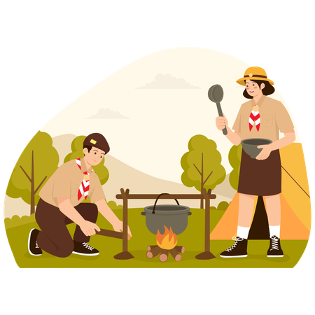 Scout Cooking Over Campfire  Illustration