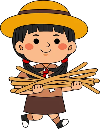 Scout girl carrying sticks  Illustration