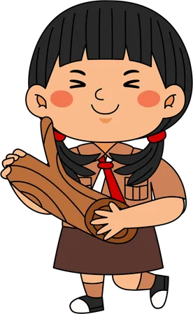 Scout girl with wooden log  Illustration