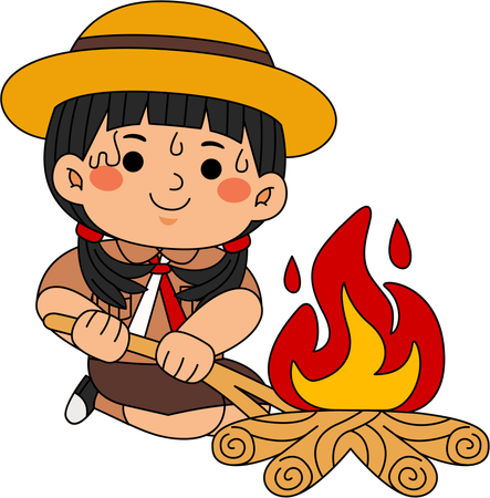 Scout kid burning camp fire  Illustration