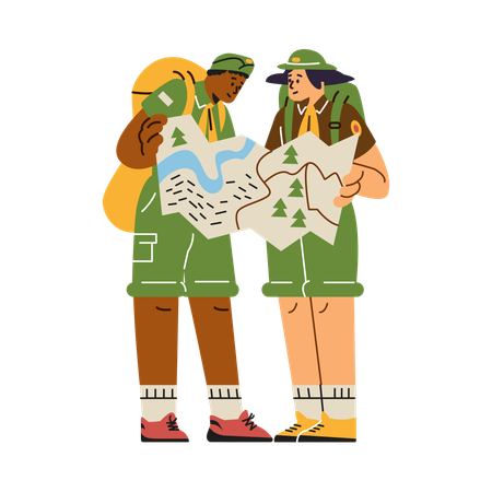 Scout travellers with large backpack while looking map  Illustration