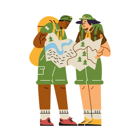 Scout travellers with large backpack while looking map  Illustration