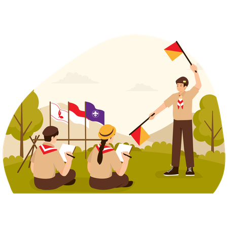 Scouts effectuant un entraînement au sémaphore  Illustration