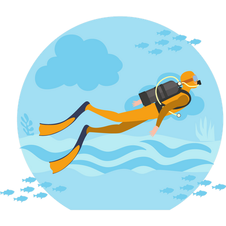 Buceador buceando en el mar  Ilustración