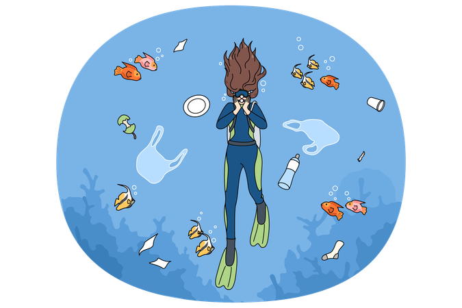 Scuba diver floating in contaminated ocean  Illustration