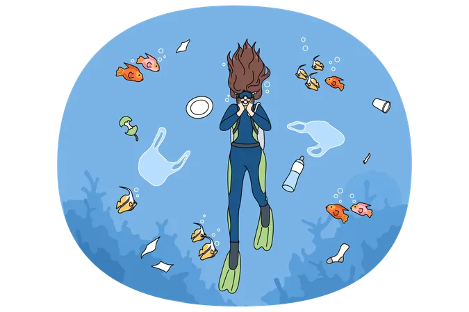 Scuba diver floating in contaminated ocean  Illustration